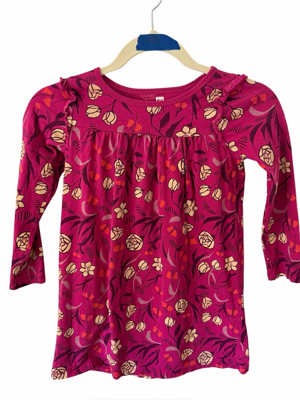 Tea Collection Pink Floral Ruffle Long Sleeve Dress Girls Size 7 Cotton